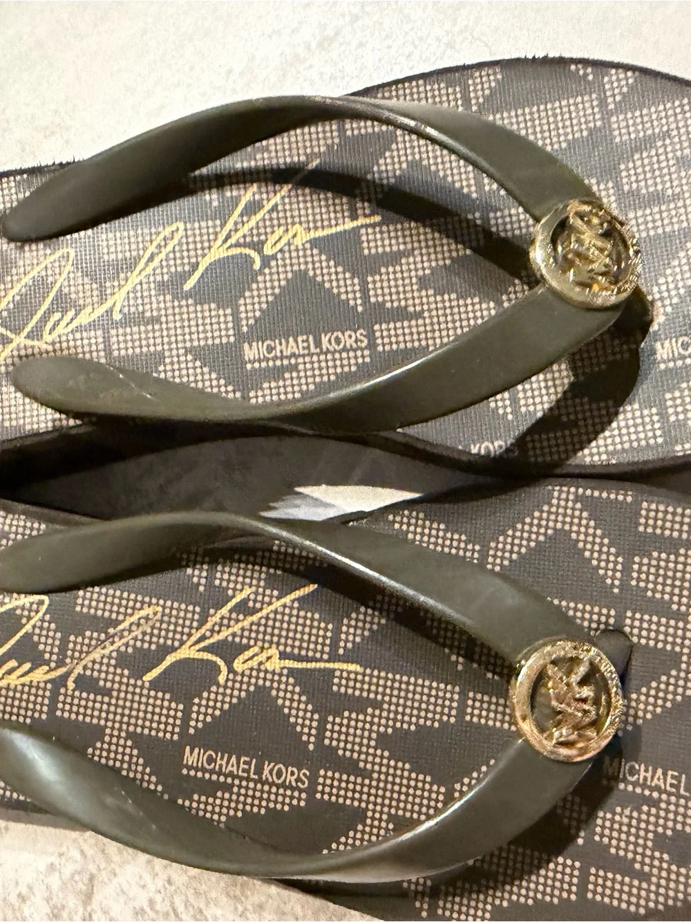 Michael Kors Brown MK Logo Platform Thong Sandal with Gold Accent